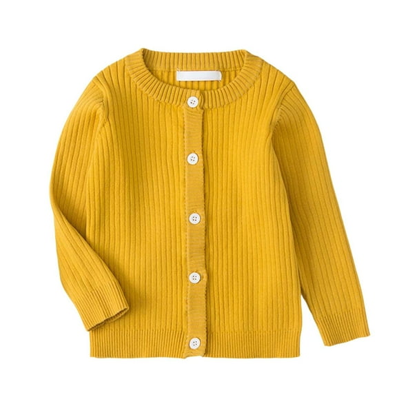 FYEGRE Organic Cotton Toddler Sweater Classic Striped Knit Cardigan Coat For Boys And Girls Soft Round Neck Childrens Sweater For Everyday Wear Yellow 18-24 Months