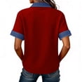 thumbnail image 3 of 2026 Summer Denim Patchwork Tops for Women V Neck Lapel Short Sleeve Casual Loose Blouses Red M, 3 of 3