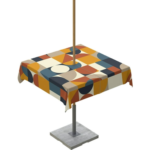 Mid Century Nordic Geometric Art Outdoor Square Tablecloth Zippered Table Cover with Umbrella Hole,Splicing Circle and Square Waterproof Table Cloths for Patio Garden Picnic Tables,54x54in