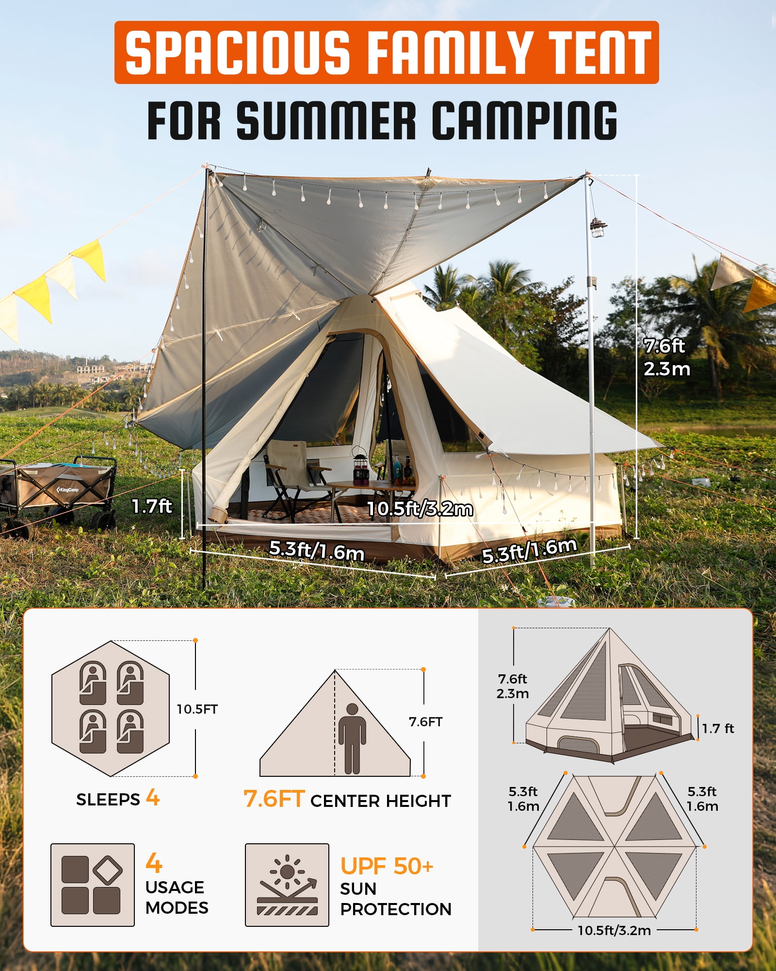 KingCamp Bell Tent for Camping, 2-4 Person All Season Waterproof Family Bell Tent, Luxury Camping Tents