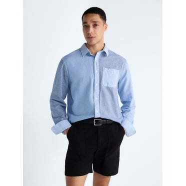 Free Assembly Men's Linen Blend Mixed Pattern Button Front Shirt, Sizes XS-3XL