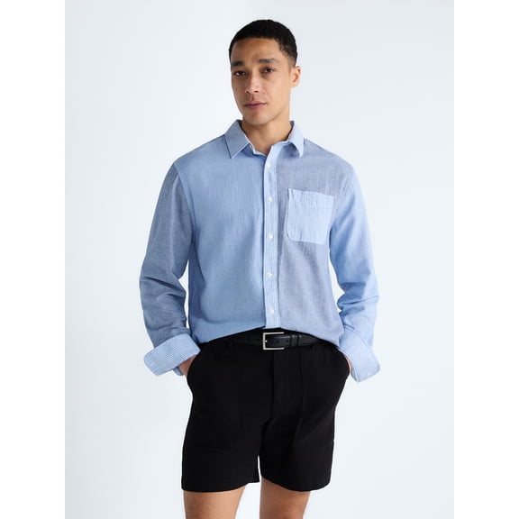 Free Assembly Men's Linen Blend Mixed Pattern Button Front Shirt, Sizes XS-3XL