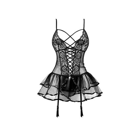 GENGING Womens Nightdress Nightwear Sexy Erotic Lingerie Mesh Lace Princess Straps Gathered Nightdress
