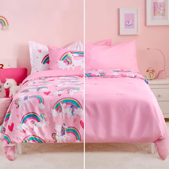 Joyfy Unicorn Rainbow Comforter Set 5-Piece for Kids, Twin Size Bed in a Bag for Boys & Girls, Super Soft Microfiber with Sheets & Pillowcase