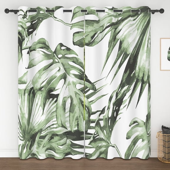 Lfeey Palm Leaf Tropical Green Blackout Curtains, Natural Print Privacy Protection Grommet Curtains, 42x63 Inches, 2 Panels