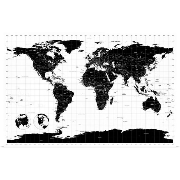 Great BIG Canvas | Rolled Michael Tompsett Poster Print entitled World Map with Longitude and Latitude lines marked