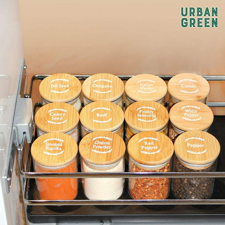 Urban Green Glass Jar with Bamboo Lids Spice Jar Set with Labels Glass Spice bottles Glass Canisters with Airtight Lids Small Food Storage