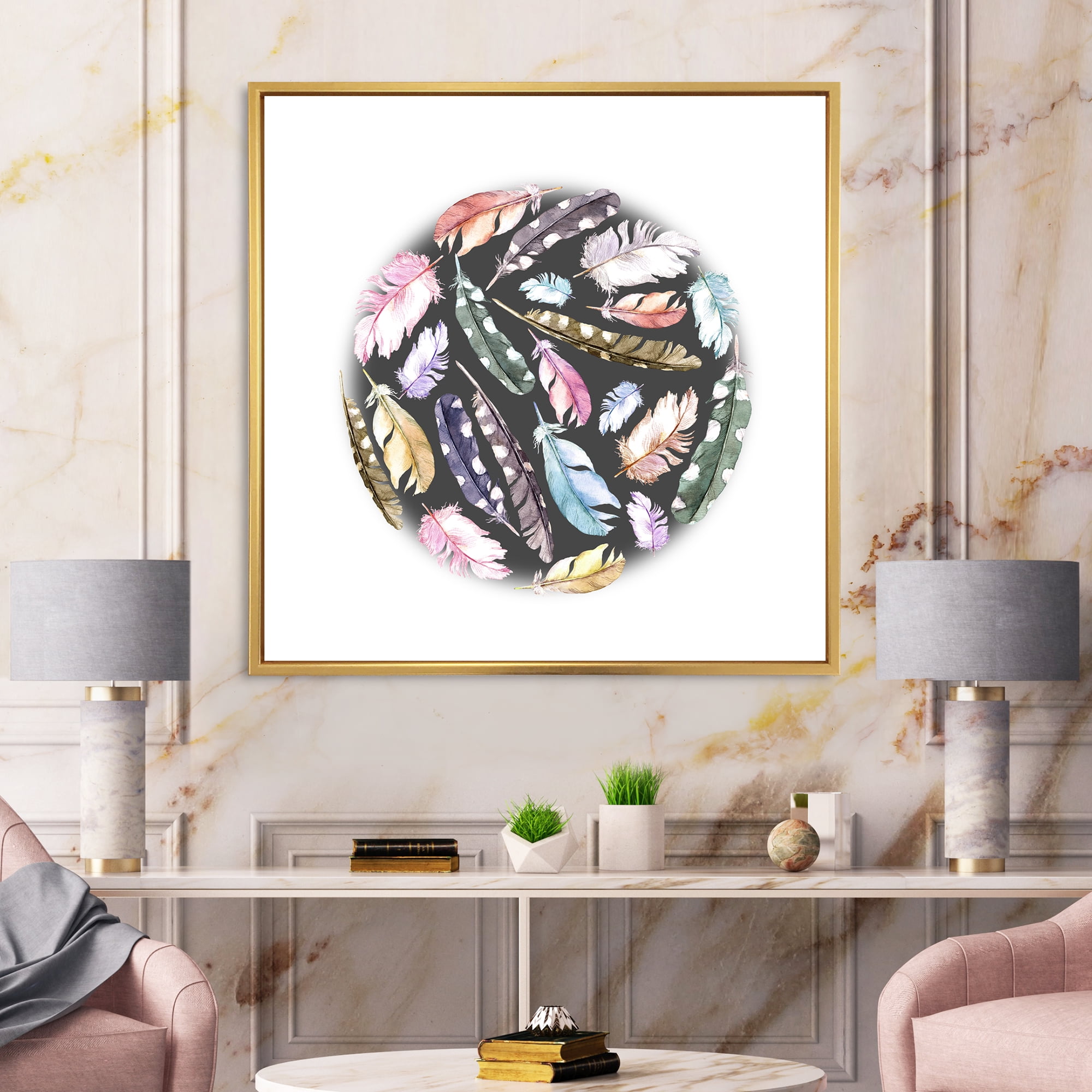 Colorful Boho Feathers In Circle Shape 16 in x 16 in Framed Painting Canvas Art Print, by Designart