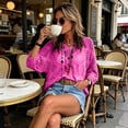 thumbnail image 4 of Women's Bohemian-Inspired Beige Crochet Hollow Out Top with V-Neck, Summer Beach Loose Fit Long Sleeve Crochet Cover Up Sweater, Swimsuit Cover-Up Short Sleeve Top Hot Pink S, 4 of 6