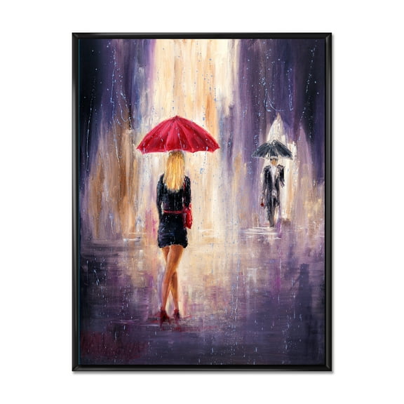 Designart 'The Girl With The Umbrella Walking In The Rain II' French Country Framed Canvas Wall Art Print