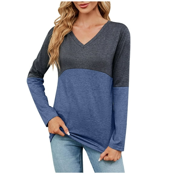 Edvintorg Patchwork Blouse Women Long Sleeve Fall 2025 Women's V Neck Sexy Casual Loose Fit Basic Blouse Tops Tunic Blouse