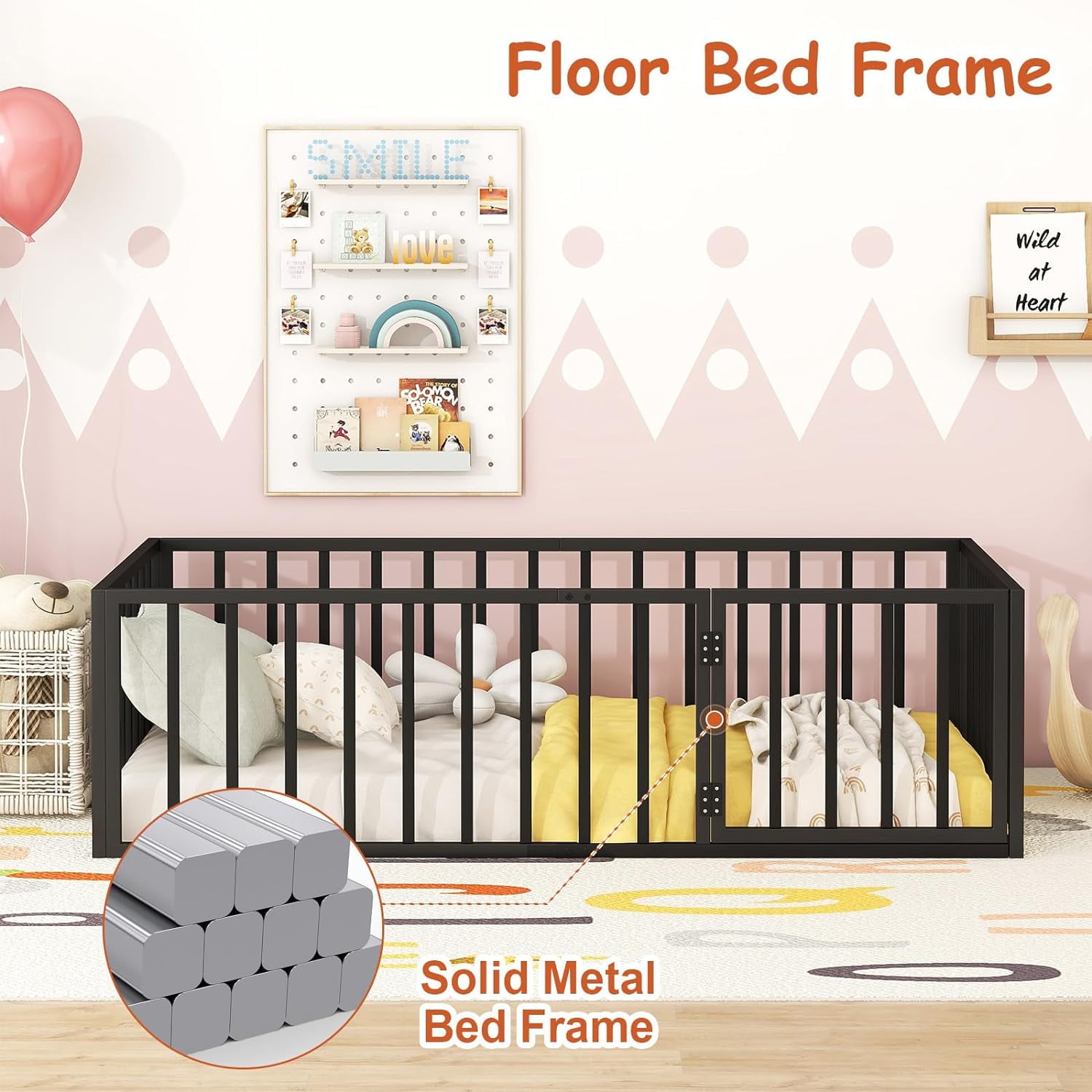 DreamBuck Twin Montessori Floor Bed with Safety Fence and Door, Metal Floor Bed Frame, Minimalist Versatile Floor Bed for Boys, Girls, Twin Bed Frame for room, Playroom