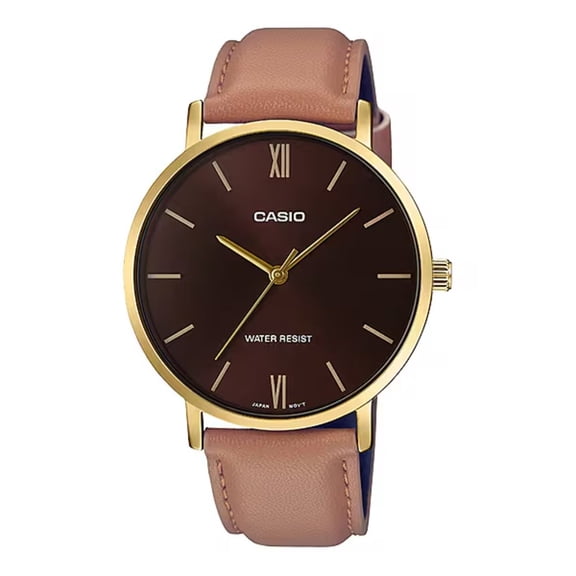 Casio Men's Leather Wristwatch, Brown, (MTP-VT01GL-5BUDF)