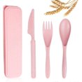 thumbnail image 1 of Juego de utensilios de viaje reutilizables con estuche, cubiertos portátiles de paja de trigo rosa, cuchillos, tenedores y cucharas, ecológicos y sin BPA para niños y adultos., 1 of 5