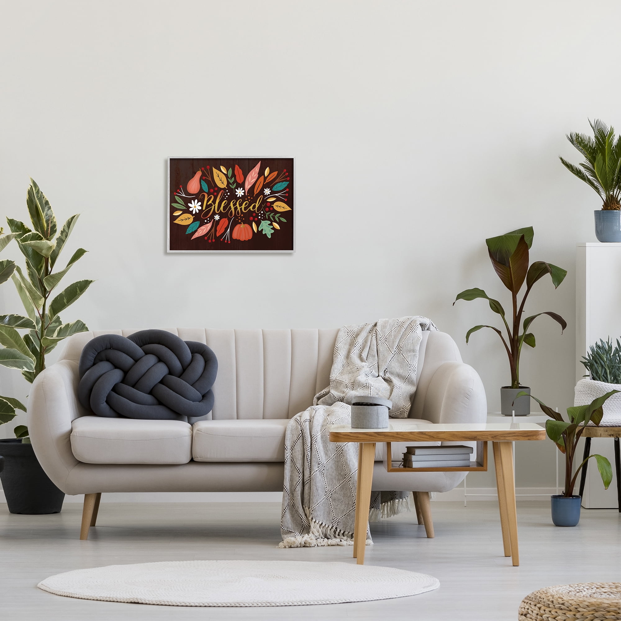 Stupell Industries Blessed Acknowledgement Whimsical Autumn Leaves and Gourds Graphic Art Gray Framed Art Print Wall Art, 16x20, by Louise Allen