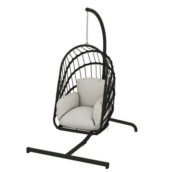 Dextrus Patio Wicker Hanging Egg Chair with Stand and Cushion, Swing Egg Chair, Oversized Cocoon-Shaped Hammock Chair - Black