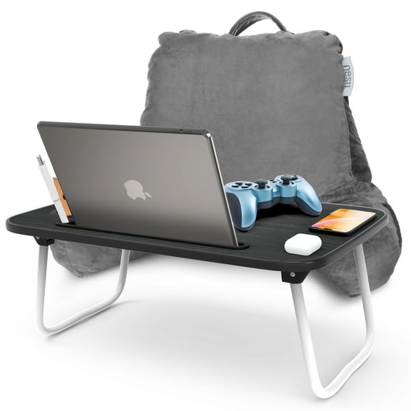 Nestl Reading Pillow Bonus Portable Lap Desk Stand for Laptop, Back Rest Pillow for Sitting in Bed, Shredded Memory Foam Bed Rest Pillow with Arms and Pockets, Standard, Gray