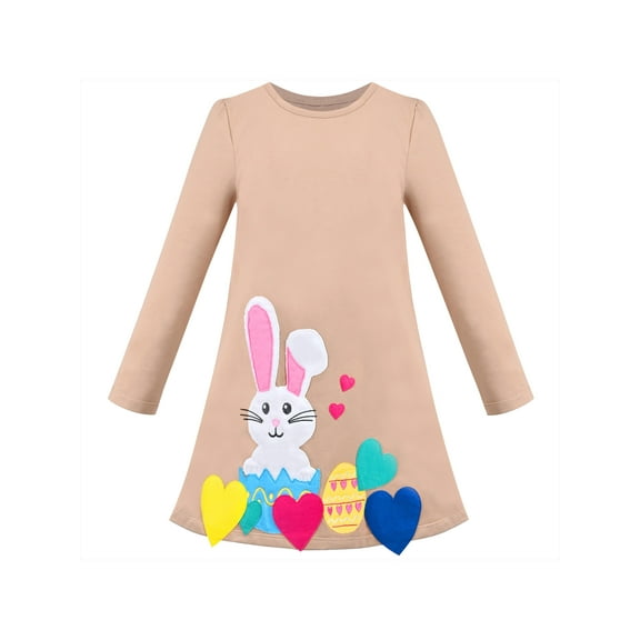Girls Dress Brown Easter Bunny Egg Heart Embroidery Long Sleeve Cotton 4 Years