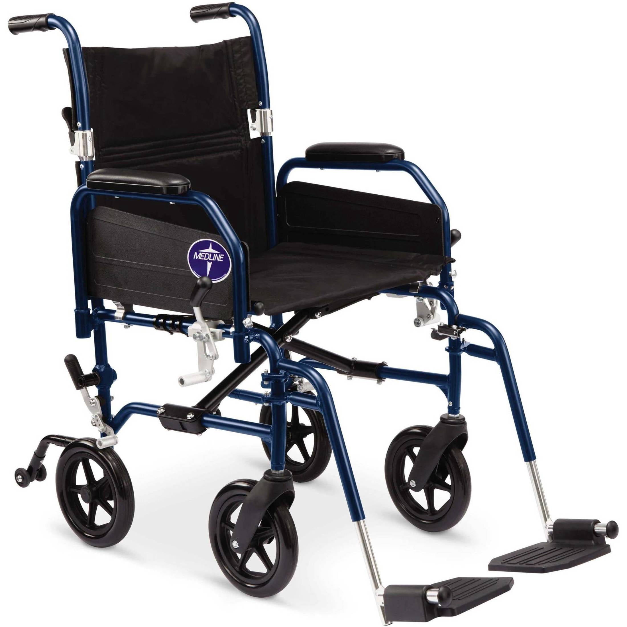 Medline Hybrid 2 Wheelchair and Transport Chair, Swing Away Footrests and Removable Desk-Length Arms, 300 lb Weight Capacity, Blue Frame