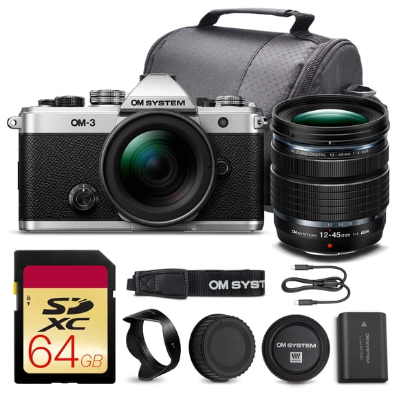OM SYSTEM OM-3 Mirrorless Camera with 12-45mm f/4 PRO Lens | 20MP Stacked BSI Sensor, 5-Axis IBIS, 4K60p, 120fps High-Speed Burst, IP53 | 64GB Card + Camera Bag
