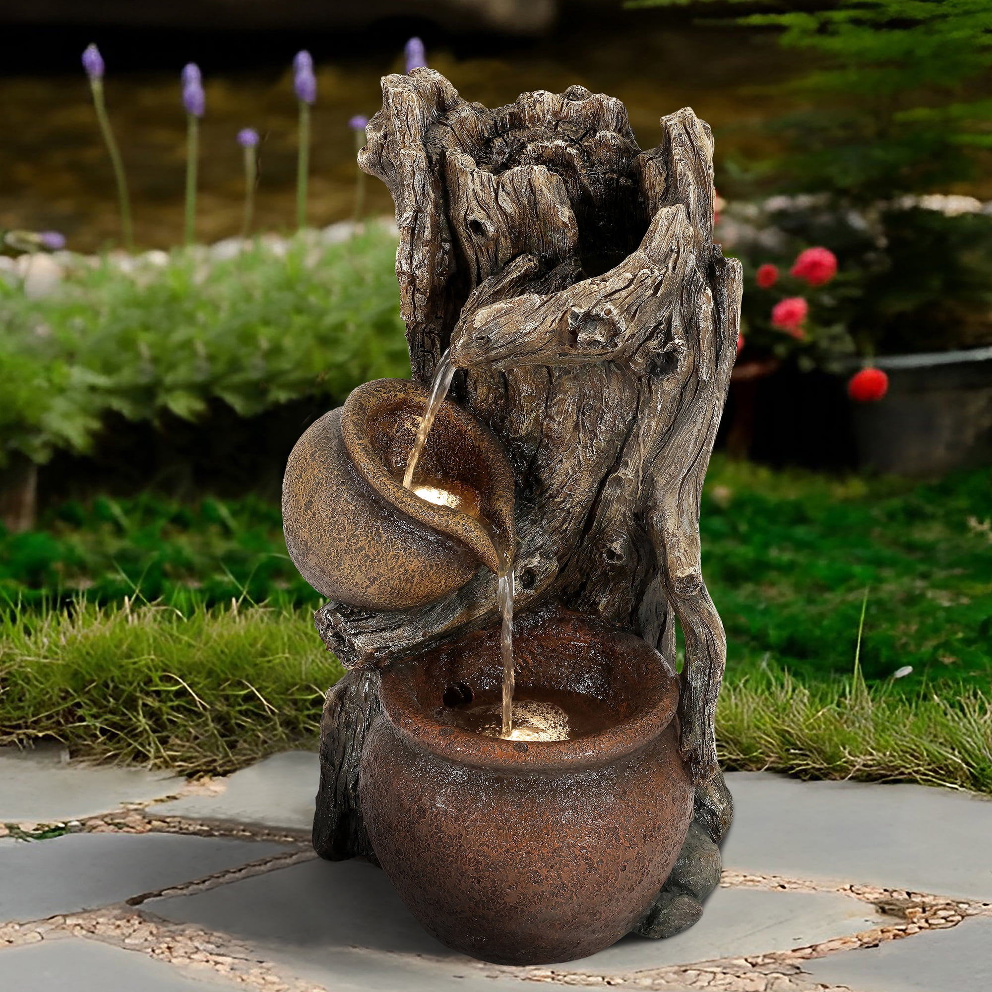 LuxenHome Brown Resin Tree Farmhouse Pots Outdoor Fountain with LED Lights
