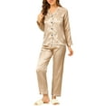 thumbnail image 2 of INSPIRE CHIC Women's Satin Lounge Set Long Sleeve Button Down Shirts with Pants Silky Pajamas S Champagne, 2 of 7