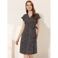 thumbnail image 2 of INSPIRE CHIC Women's Floral Ruffle Trim Cuff Wrap Dress Black S, 2 of 5