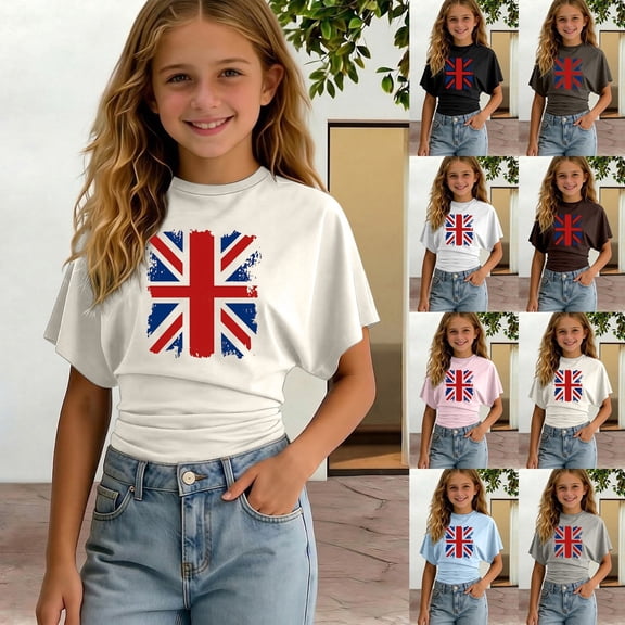 Y-Sunset Girls' UK Flag Cinched Waist T-Shirt, Round Neck Short Sleeve Printed Tee, Casual Breathable Top for Kids & Teens(Beige/3-4Years)