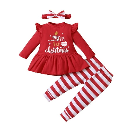 

Frobukio My First Christmas Baby Girls Ruffle Long Sleeve Santa Drees Shirt Stripe Pants Xmas Clothes Sets Red 6-9 Months