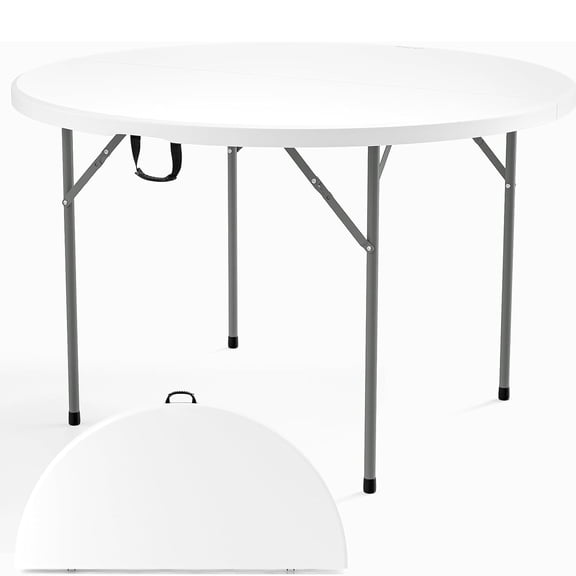 Round Folding Table 4ft, Portable Collapsible Plastic White Card Table for Party, Banquet, Craft, Dining, Wedding, Outdoor and Indoor Use, White