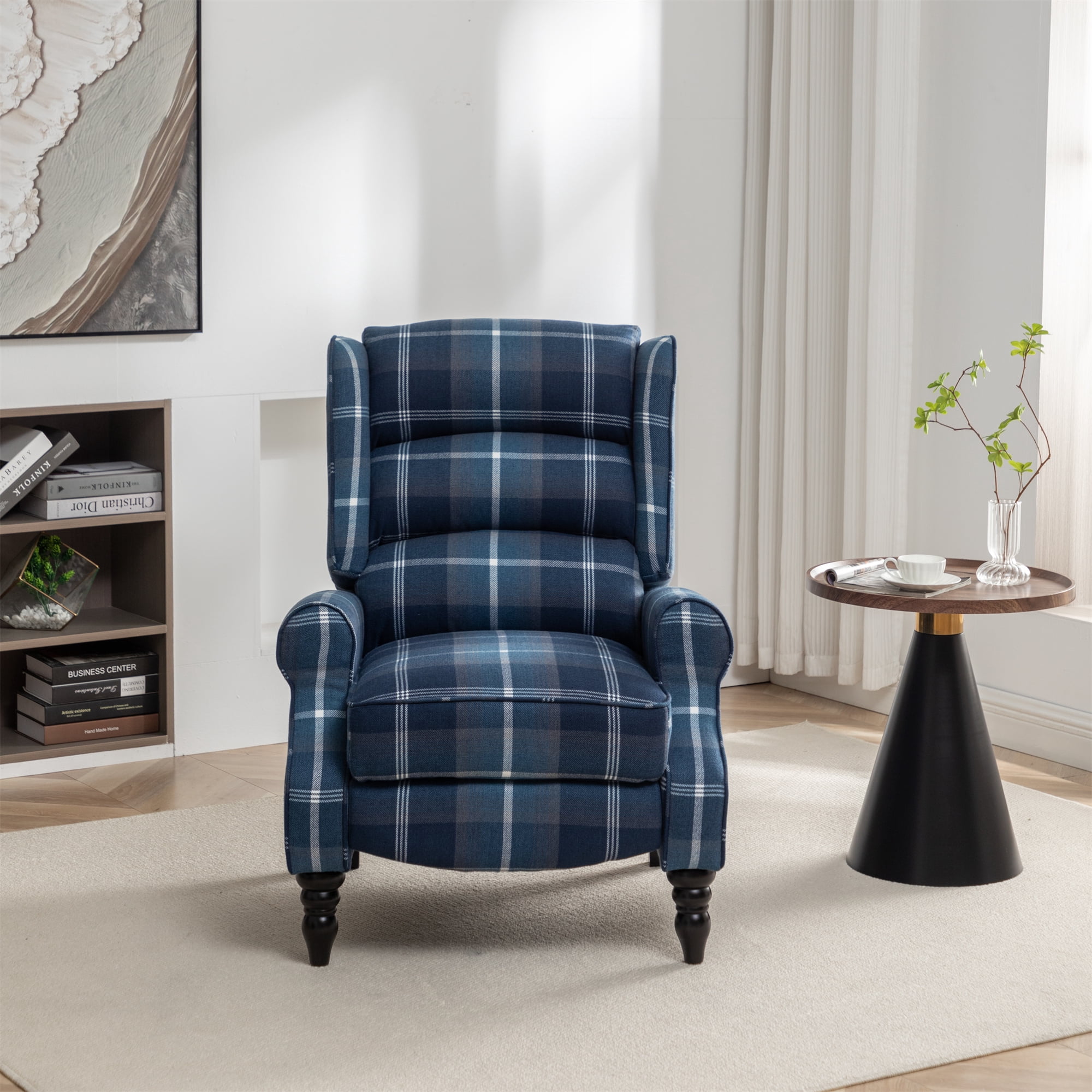 Upholstered Wingback Recliner Chair, Plaid Recliner Chair Armchair Adjustable Footrest Push Back Reclining Sofa, Mid Century Modern Lounge Armchair for Living Room, Bedroom, Reading -- Blue