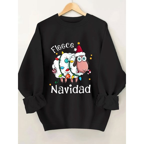 Women's Christmas Sheep Sweatshirt,  Fleece Crew Neck, Festive Navidad Print, Casual All-Season Knit Fabric Top, 250gsm, Cozy Holiday Fashion with Santa Hat