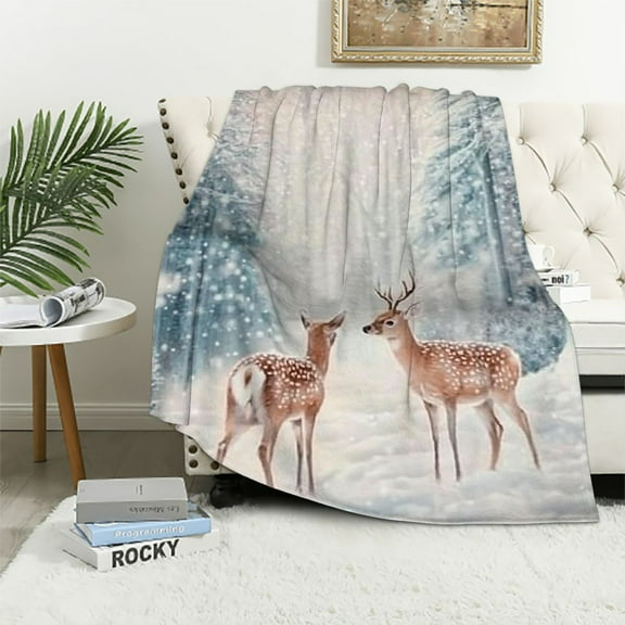 Patifu Merry Christmas Flannel Throw Blanket Baby Cute Deer All Season Bed Blanket for Sofa Couch Xmas Deer Hunting Antlers Wild Animal Tree Winter Fuzzy Blanket White Plush Blanket 40x50in