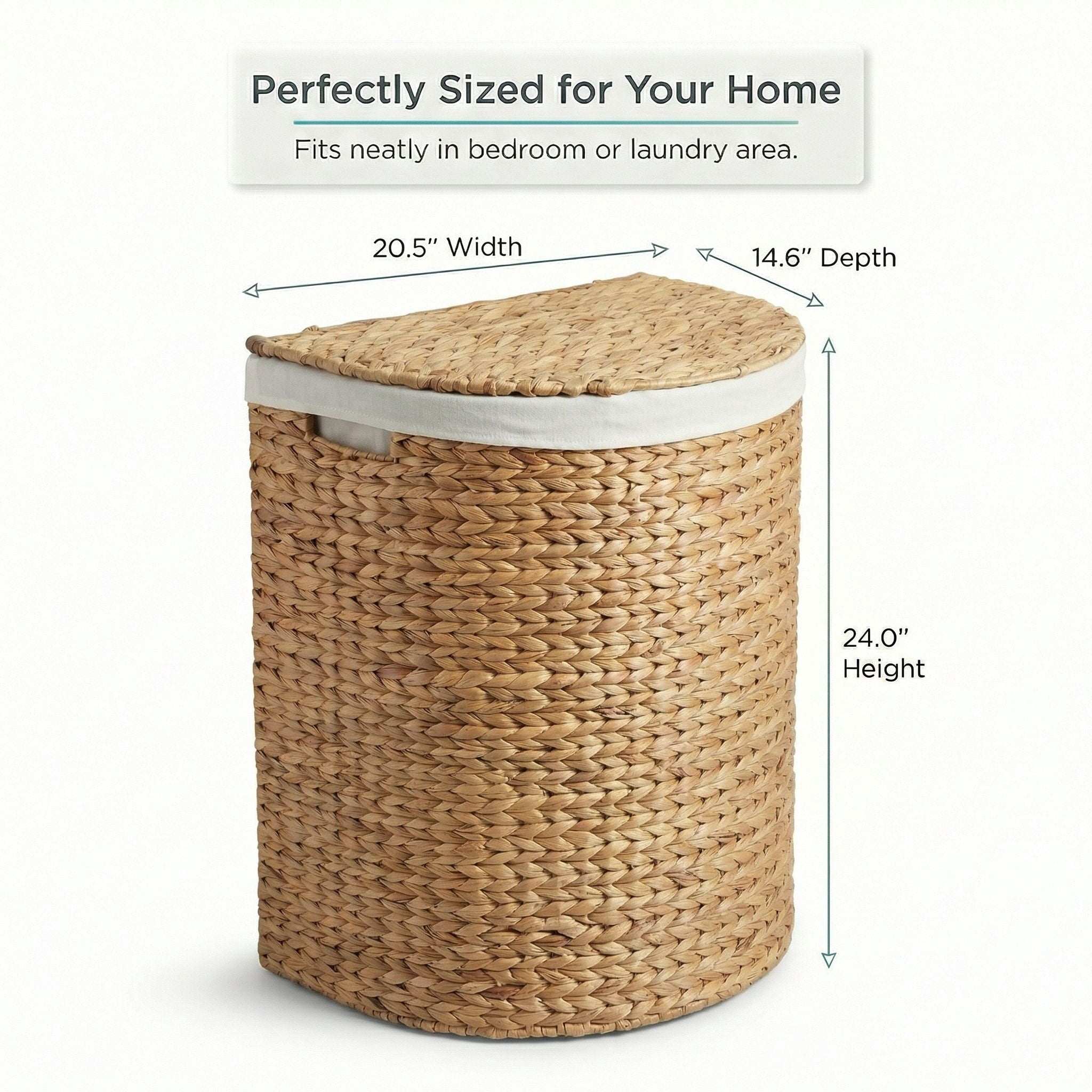 DEILSY Natural Half Moon Water Hyacinth Wicker Laundry Basket with Removable Liner and Lid,  Handwoven Wicker Hamper with Handles for Bathroom, Bedroom, or Laundry Room