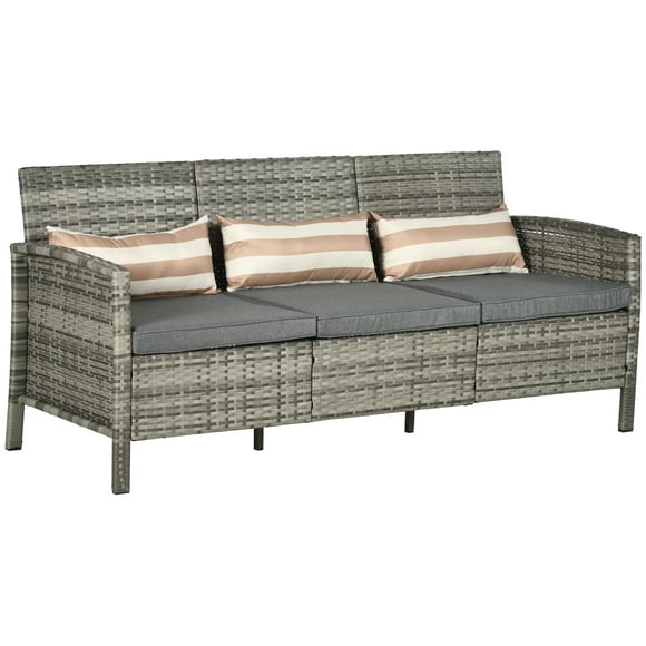 Outsunny 3-Seater Wicker Outdoor Sofa, Cushioned Rattan Patio Couch, Grey