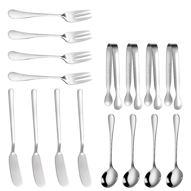 Nvzi Juego de cuchillos para untar queso, 16 piezas, accesorios para charcutería, cuchillos de acero inoxidable, pinzas para servir, color plateado