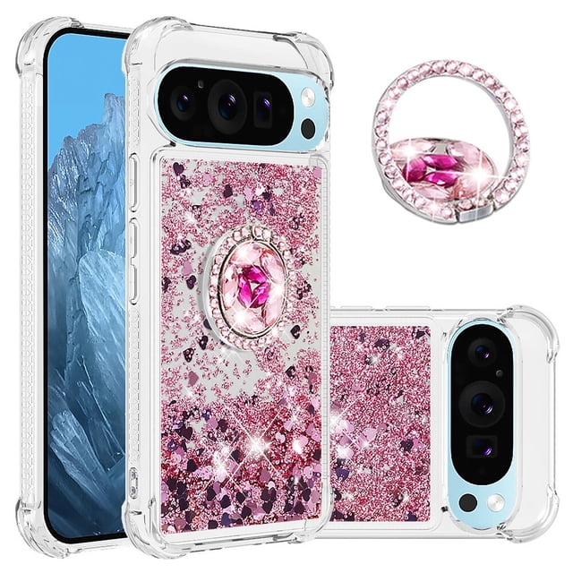 Funda para Google Pixel 9/Pixel 9 PRO 5G con Brillo Líquido Flotante, Purpurina, Parachoques y Anillo Giratorio Soporte