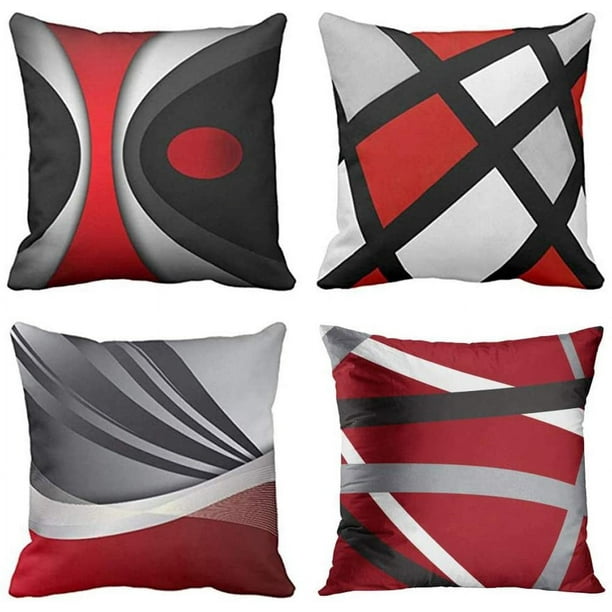 Juego De 4 Fundas De Almohada Reversibles A Cuadros - Rojo Búfalo, Gris, Negro, 18x18 Pulgadas, Poliéster