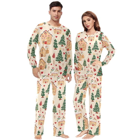 Matching Pajamas for Couples Christmas Gingerbread House Tree His and Hers Pajamas Sets Soft Long Sleeve Sleepwea