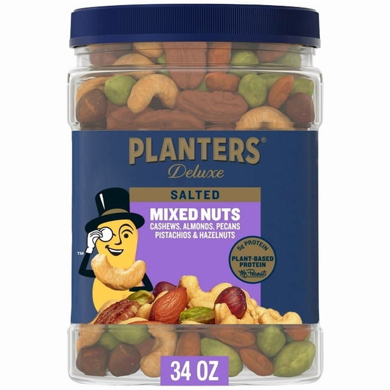 PLANTERS Deluxe Salted Mixed Nuts, Party Snacks, Plant-Based Protein, 34 oz Plastic Jar (Pack of 2)