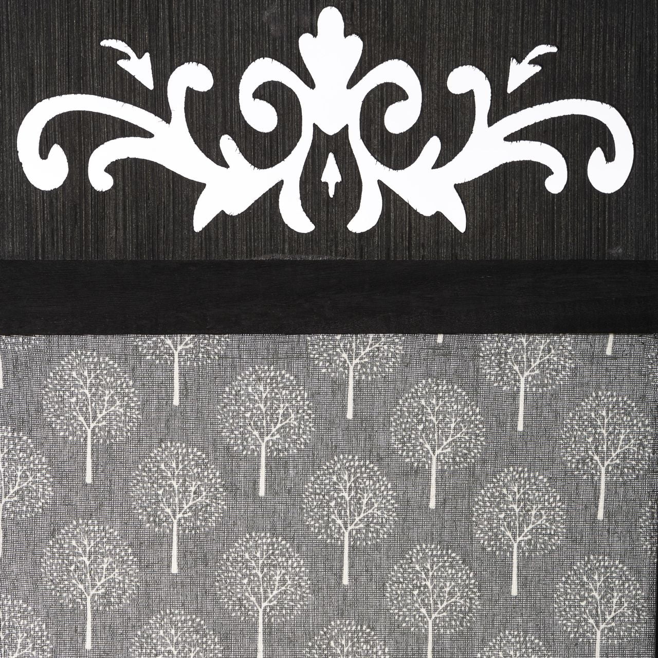 3 Panel Room Divider Solid Wood and Canvas with Decorative Cutouts Tree Design 67" Tall Black