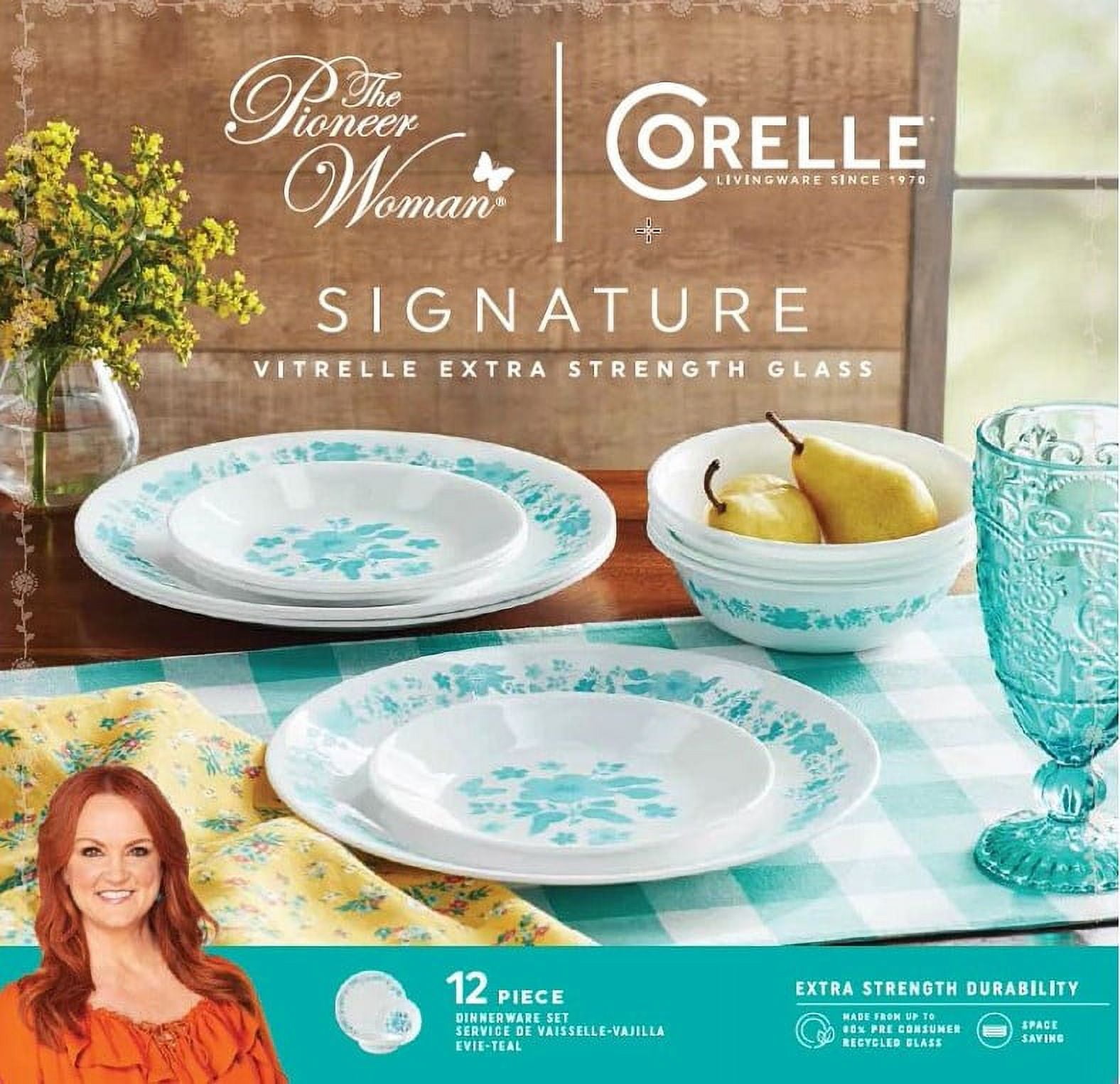 The Pioneer Woman by Corelle 12-Piece Dinnerware Set, Evie, Teal