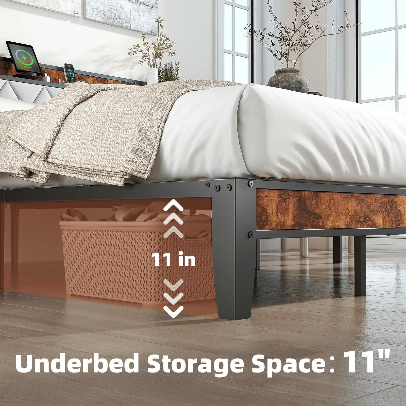 MAYEERTY Queen Size Iron Frame Bed with Soft-Padded Headboard Storage and Charging Port