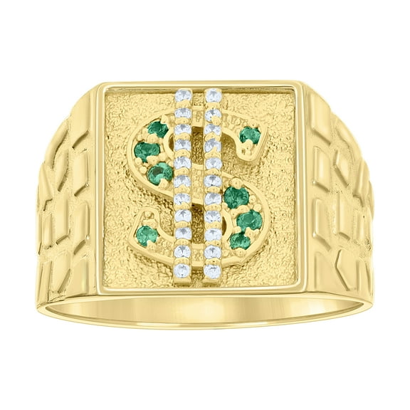 10kt 10k Yellow Gold Mens Green White Cubic-Zirconia Square Head Dollar Sign Currency Nugget Ring