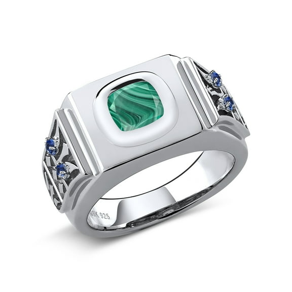 Gem Stone King 3.04 Ct Green Malachite Blue Created Sapphire 925 Sterling Silver Men's Ring (Size 11)