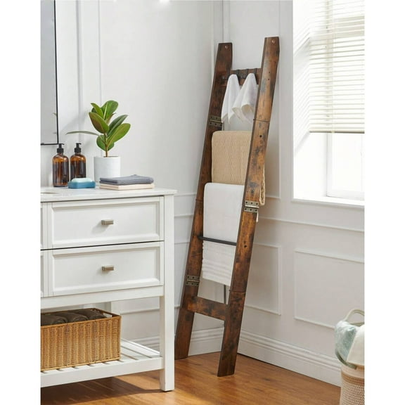 Blanket Ladder Shelf | 5-Tier Rustic Brown Farmhouse Wood Quilt Rack with 4 Removable Hooks - Decorative Organizer for Living Room, Bedroom & Bathroom
