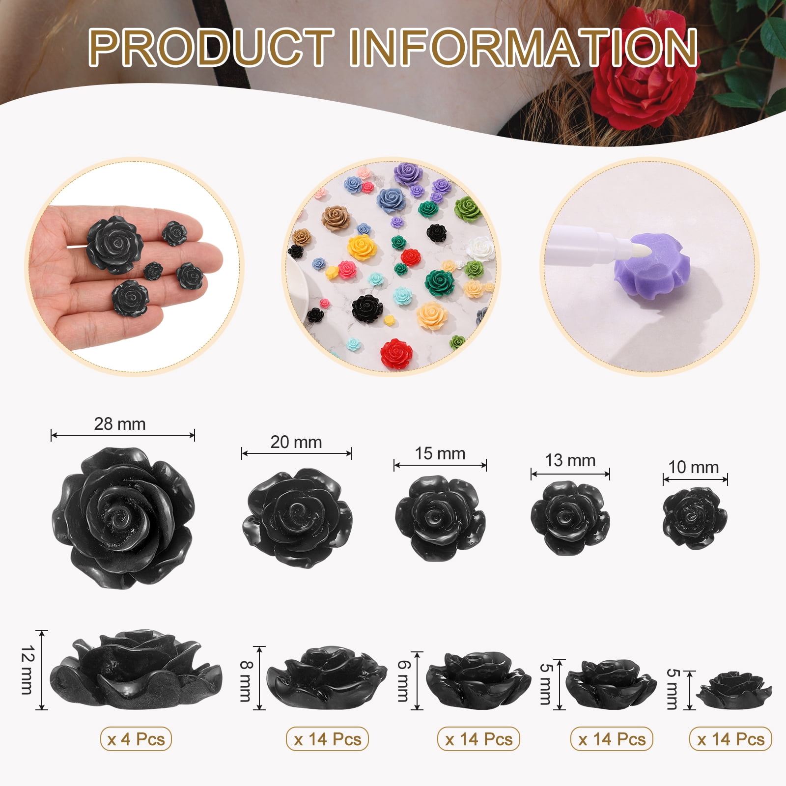 Unique Bargains Resin Rose Flower Beads for Jewelry Making and Crafts Black