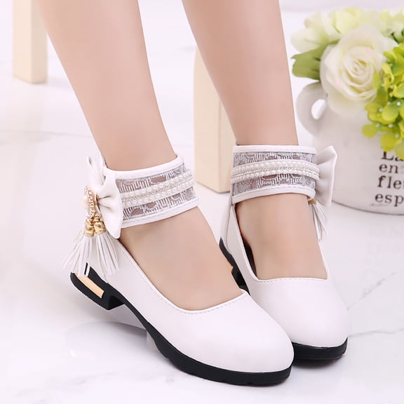 XIMIN Girls Mary Jane Flats with Lace Pearl Ankle Cuff Bowknot Rhinestone Tassel Rear Zipper Low Heel Princess Shoes for Party Wedding (White, 10.5-11 Years )