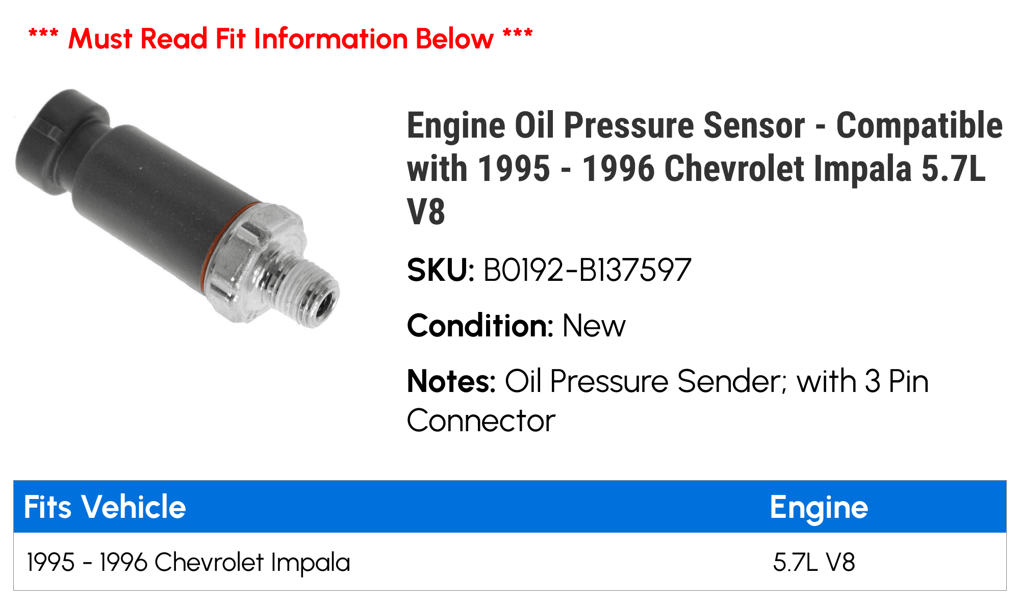 Engine Oil Pressure Sensor - Compatible with 1995 - 1996 Chevy Impala 5.7L V8