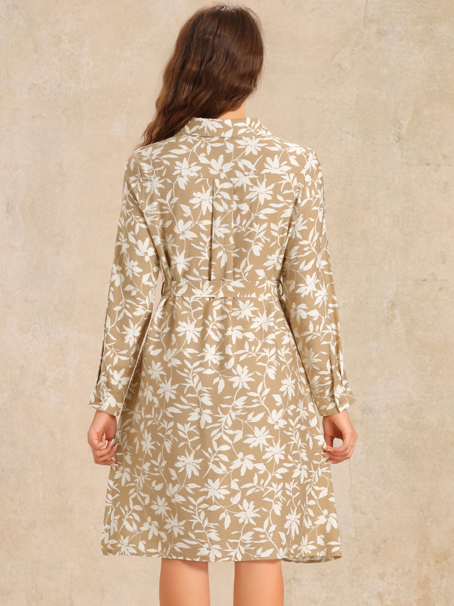 DARING DIVA Floral Button Down Tie Belted Shirt Dress S Khaki